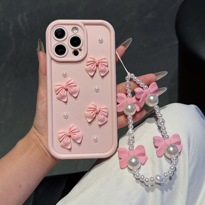 Phone Accessories Beads - Casing Ponsel Pink Dengan Tali Mutiara