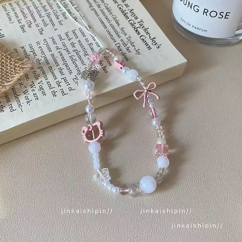 Phone Accessories For Teen Girls - Tali Ponsel Berhias Manik-Manik Kucing Pink